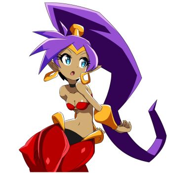 1girl blue_eyes breasts choker cleavage dancer dark-skinned_female dark_skin earrings game_cg hoop_earrings jewelry long_hair navel official_art pointy_ears ponytail purple_hair shantae shantae_(series) solo source_request tagme very_long_hair