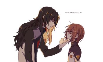 2boys black_hair brown_hair commentary_request gilbert_durandal gundam gundam_seed gundam_seed_destiny hand_on_another's_chin height_difference kira_yamato leaning_forward long_hair looking_at_another male_focus multiple_boys seed0x0 short_hair simple_background smile upper_body white_background