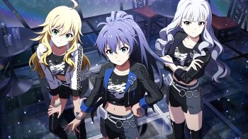 3girls ahoge belt blonde_hair blue_eyes blue_hair boots bottle bracelet chair crossed_arms cup frown game_cg ganaha_hibiki green_eyes grey_hair hair_intakes hand_on_own_hip hands_on_own_knees hoshii_miki idol_clothes idolmaster idolmaster_million_live! idolmaster_million_live!_theater_days jacket jewelry multiple_girls navel official_art ponytail purple_eyes shijou_takane short_shorts shorts table thigh_boots zipper