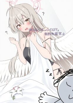 1boy 1girl ? ?? angel_wings bare_arms bare_shoulders bed_sheet black_camisole blue_archive blush breasts brown_hair camisole child&#039;s_drawing closed_eyes closed_mouth commentary copyright_notice cowlick d: doodle_sensei_(blue_archive) feathered_wings flower frown furrowed_brow hair_between_eyes halo hands_on_own_chest hands_up highres long_hair looking_at_another medium_breasts nagisa_(blue_archive) open_mouth pink_flower pink_halo sensei_(blue_archive) short_hair simple_background sleeping sleeveless smile spaghetti_strap spread_wings strap_slip twitter_username u_u very_long_hair white_background white_flower white_wings wings yamano_rokamizu yellow_eyes zzz