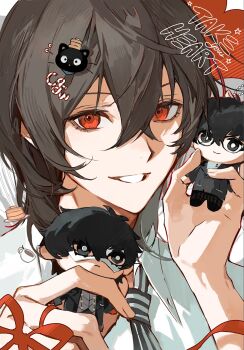 Rule 34 | 1boy, akechi gorou, amamiya ren, black necktie, brown hair, cat hair ornament, character doll, character name, commentary, crossed bangs, doll, english commentary, english text, fingernails, grin, hair between eyes, hair ornament, hands up, highres, holding, holding doll, joker (persona 5), looking at viewer, male focus, medium hair, necktie, objectification, persona, persona 5, portrait, ppeko0602, red eyes, red ribbon, ribbon, shirt, smile, striped clothes, vertical-striped clothes, vertical-striped necktie, white shirt, wing collar