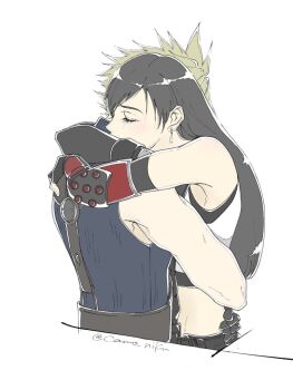 1boy 1girl arms_around_neck bare_shoulders black_gloves black_hair blonde_hair blue_sweater camo_niku closed_eyes cloud_strife commentary_request couple crop_top earrings elbow_gloves elbow_pads final_fantasy final_fantasy_vii final_fantasy_vii_remake from_side gloves hair_behind_ear hand_on_another's_back hand_on_another's_hip hetero hug jewelry long_hair midriff profile ribbed_sweater short_hair simple_background single_arm_guard single_earring single_elbow_pad skirt sleeveless sleeveless_turtleneck spiked_hair suspender_skirt suspenders sweater tank_top teardrop_earrings tifa_lockhart turtleneck turtleneck_sweater twitter_username upper_body white_background white_tank_top