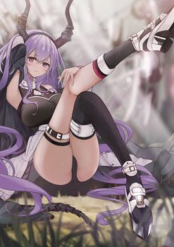 1girl 462vvv arknights asymmetrical_legwear belt black_hairband black_horns black_socks black_tail black_thighhighs blurry blurry_background blush breasts closed_mouth commentary day fingernails full_body grass hair_between_eyes hairband highres horns kneehighs large_breasts leg_up lens_flare light_smile long_hair looking_at_viewer nail_polish outdoors pink_eyes plant platform_sandals purple_hair purple_nails sandals shoe_soles single_kneehigh single_sock sitting socks solo tail thigh_belt thigh_strap thighhighs typhon_(arknights) uneven_legwear very_long_hair white_belt white_sandals