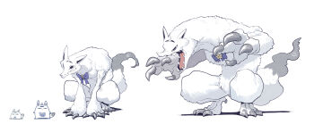 <o>_<o> :3 absurdres ahoge animal_ears blue_bow bow cocomayo29_(tomato) commentary_request evolutionary_line fox_ears fox_tail highres hololive korean_commentary looking_at_viewer miteiru_(shirakami_fubuki) no_humans open_mouth pentagram simple_background tail teeth virtual_youtuber