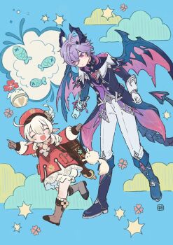 1boy 1girl :d ^_^ ahoge backpack bag bloomers blush boots brown_bag closed_eyes clothes_grab cloud commentary_request dodoco_(genshin_impact) dragon_boy dragon_horns dragon_tail dragon_wings fish genshin_impact gloves hat height_difference highres horns klee_(genshin_impact) long_sleeves looking_at_another mini_durin_(genshin_impact) mini_durin_(human)_(genshin_impact) open_mouth pants pointy_ears purple_eyes purple_hair red_hat shiro_chan46 smile tail underwear white_bloomers white_pants wings