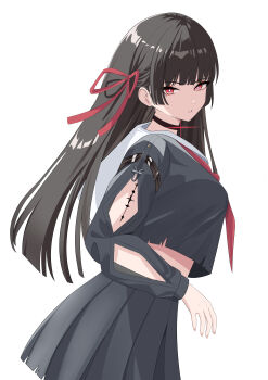 1girl absurdres arm_cutout black_choker black_hair black_shirt black_skirt breasts chisa_(wuthering_waves) choker clothing_cutout commentary from_side hair_ribbon highres isso_jp long_hair long_sleeves looking_at_viewer looking_to_the_side medium_breasts mole mole_under_eye neckerchief parted_lips red_eyes red_neckerchief red_ribbon ribbon shirt simple_background skirt solo tacet_mark_(wuthering_waves) white_background wuthering_waves