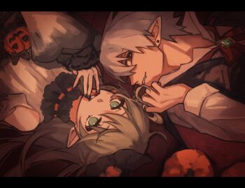 1boy 1girl alternate_costume black_border border fang finger_to_mouth green_eyes grey_hair hair_between_eyes haruiro_(hrm_ino) highres jack-o&#039;-lantern letterboxed long_hair long_sleeves looking_at_viewer maka_albarn pointy_ears puffy_long_sleeves puffy_sleeves red_eyes rotational_symmetry short_hair smile soul_eater soul_evans upper_body vampire