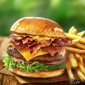Rule 34 | artist name, bacon, blurry, blurry background, bread, bread bun, burger, cheese, commentary request, food, food focus, french fries, lettuce, meat, no humans, noka pastel, onion slice, original, sauce, still life, table, wooden table