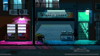 Rule 34 | balcony, building, condenser unit, garage, hashtag-only commentary, highres, kroizzz, night, no humans, original, pixel art, railing, road, scenery, sign, street, vending machine