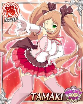 1girl :d border bow breasts brown_hair card_(medium) character_name cleavage dress elbow_gloves english_text frilled_dress frills game_cg gloves green_eyes hair_bow hair_tie hand_on_own_hip idol_clothes large_breasts long_hair neck_ribbon official_alternate_costume official_art one_eye_closed open_mouth pink_dress pink_thighhighs pointing pointing_at_viewer red_skirt ribbon senran_kagura senran_kagura_new_wave skirt smile solo tamaki_(senran_kagura) thighhighs white_gloves