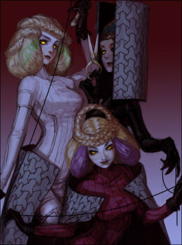 3girls atropos_(megami_tensei) black_bodysuit black_gloves blonde_hair bodysuit braid breasts cape clotho_(megami_tensei) demon_(megami_tensei) gloves glowing glowing_eyes gradient_background holding holding_string lachesis_(megami_tensei) large_breasts multicolored_hair multiple_girls pale_skin red_bodysuit scissors shaliva shin_megami_tensei siblings simple_background sisters smirk string white_bodysuit yellow_eyes