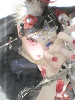 Rule 34 | 1girl, animal ear fluff, animal ears, black hair, blue eyes, butterfly hair ornament, closed mouth, commission, eyeball, eyelashes, fingernails, flower, hair flower, hair ornament, highres, holding, holding weapon, lips, long hair, looking at viewer, makeup, mihuashi commission, nail polish, original, red eyes, red flower, red lips, red nails, rouge (makeup), simple background, solo, upper body, watermark, weapon, white background, yikou yizhi