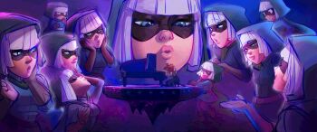 1girl absurdres bandit_(clash_royale) black_mask blue_eyes blue_tunic brown_gloves clash_royale elbow_gloves eye_mask gloves highres hood instrument mario_(series) mask multiple_views nintendo parted_lips peaches_(song) piano the_super_mario_bros._movie tubbiegordito tunic white_hair