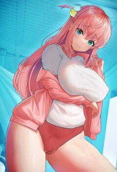 1girl aqua_eyes arm_under_breasts bocchi_the_rock! breasts closed_mouth clothes_pull commentary_request cube_hair_ornament from_below gotoh_hitori hair_ornament highres huge_breasts jacket jacket_pull long_hair long_sleeves looking_at_viewer noperori one_side_up open_clothes open_jacket panties pink_hair pink_jacket pussy red_panties shirt sleeves_past_wrists solo thighs track_jacket underwear wavy_mouth white_shirt