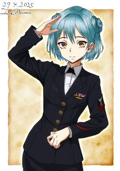 1girl alternate_costume artist_name black_bow black_bowtie black_jacket black_skirt blue_hair bow bowtie collared_shirt dated double_bun hair_bun highres hisama_tomoki jacket kantai_collection long_sleeves looking_at_viewer military_dress_uniform military_rank_insignia military_uniform naval_dress_uniform naval_uniform navy_cross one-hour_drawing_challenge ribbon_bar salute samuel_b._roberts_(kancolle) shirt short_hair skirt smile solo united_states_navy white_shirt yellow_eyes