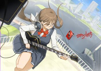 1girl absurdres amplifier artist_name blue_sky blurry blurry_foreground blush bow bowtie breasts brown_eyes brown_hair building cable cassette_player closed_mouth cloud collared_shirt commentary_request day dutch_angle electric_guitar floating floating_clothes floating_hair floating_island floating_object glint grey_skirt grey_vest guitar hair_bow handrail headphones headphones_around_neck highres holding holding_guitar holding_instrument holding_plectrum hz_(helu_2) instrument instrument_request large_breasts leg_up long_hair long_sleeves looking_to_the_side low_twintails music on_rooftop original outdoors playing_guitar playing_instrument pleated_skirt plectrum post-apocalypse railing red_bow red_bowtie ruins school_uniform shirt skirt sky solo standing standing_on_one_leg sunlight translation_request turning_head twintails vest white_bow white_shirt