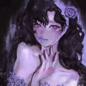 bare_shoulders black_hair collarbone dark_background flower flower_in_mouth hair_flower hair_ornament hand_up highres isolde_(reverse:1999) long_hair looking_at_viewer purple_eyes purple_flower purple_rose purple_theme reverse:1999 rose sakelilac