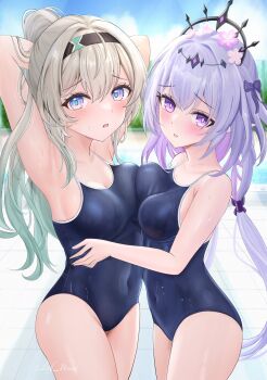2girls alternate_costume armpits black_hairband black_tiara blue_one-piece_swimsuit blue_sky breasts castorice_(honkai:_star_rail) commentary_request competition_school_swimsuit covered_navel cowboy_shot firefly_(honkai:_star_rail) flower grey_hair hair_flower hair_ornament hairband highres honkai:_star_rail honkai_(series) lilith_shall long_hair looking_at_viewer medium_breasts multiple_girls one-piece_swimsuit pool poolside purple_eyes purple_hair school_swimsuit sky swimsuit thighs tiara wet