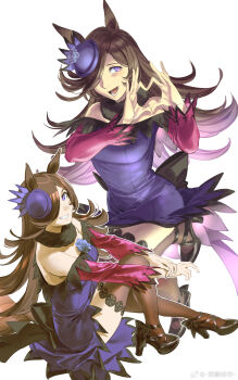 1girl absurdres animal_ears black_thighhighs dress hair_over_one_eye heart heart_hands highres horse_ears horse_girl looking_at_viewer open_mouth purple_dress purple_eyes rice_shower_(rosy_dreams)_(umamusume) rice_shower_(umamusume) ruukii_drift smile solo tagme thighhighs umamusume