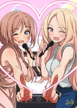2girls ;d bare_arms blonde_hair breasts brown_hair commentary_request denim display_board fingernails gakuen_idolmaster heart highres himesaki_rinami holding holding_microphone idolmaster jeans juo_sena large_breasts long_hair looking_at_viewer microphone multiple_girls one_eye_closed open_mouth pants petitpetitppp pink_streaks pointing pointing_at_viewer shirt sleeveless sleeveless_shirt smile stage very_long_hair white_shirt wireless_microphone