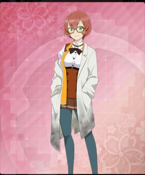 1girl blue_pantyhose bob_cut breasts brown-framed_eyewear brown_skirt brown_vest buttons closed_mouth coat dirty dirty_clothes double-breasted double-parted_bangs feet_out_of_frame floral_background game_cg glasses green_eyes hands_in_pockets hexagonal_eyewear lab_coat looking_at_viewer medium_breasts official_art open_clothes open_coat osafune_girls_academy_school_uniform pantyhose pink_background red_hair school_uniform shirt short_hair skirt solo third-party_source toji_no_miko toji_no_miko:_kizamishi_issen_no_tomoshibi underbust vest watanabe_emily white_coat white_shirt