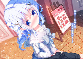 1girl 1other :o blue_eyes blue_hair blue_shirt blush bow chinomaron collarbone commentary_request frilled_sailor_collar frilled_sleeves frills gochuumon_wa_usagi_desu_ka? grey_bow grey_sailor_collar grey_skirt hair_bow hair_ornament kafuu_chino long_hair long_sleeves looking_at_viewer nose_blush parted_lips sailor_collar shirt signature skirt solo_focus suspender_skirt suspenders translation_request white_bow x_hair_ornament