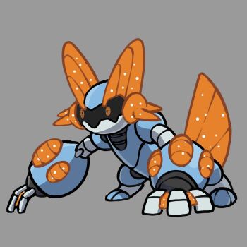 absurdres adoptable black_sclera closed_mouth colored_sclera commentary english_commentary fakemon full_body gen_3_pokemon grey_background highres nintendo no_humans non-humanoid_robot orange_eyes original pixel_eyes pokemon pokemon_(creature) pokemon_focus rgreywind robot robot_animal simple_background solo swampert