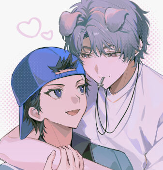 Rule 34 | 2boys, 4k10r1, animal ears, arm around neck, backwards hat, baseball cap, black hair, blue eyes, blue hat, blue shirt, blush, brown eyes, character request, check character, closed mouth, commentary request, cross, cross in mouth, cross necklace, curtained hair, dog boy, dog ears, dotted background, grey hair, hand on another&#039;s arm, hat, heart, highres, jewelry, kemonomimi mode, looking at another, male focus, multiple boys, necklace, ootori choutarou, open mouth, portrait, shirt, shishido ryou, short hair, short sleeves, smile, tennis no ouji-sama, white background, white shirt, wing collar, yaoi