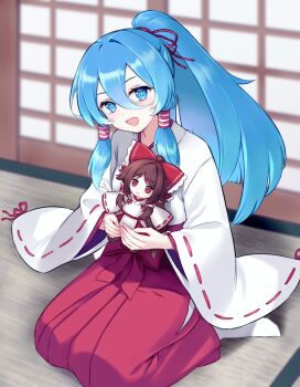 1girl :d alternate_costume beikeice blue_eyes blue_hair blush breasts brown_hair chihaya_(clothing) chinese_commentary fumo_(doll) gensokyo&#039;s_first_hakurei_miko hair_ornament hair_tubes hakama happy holding holding_stuffed_toy japanese_clothes kimono kosode long_hair long_sleeves looking_at_viewer miko miyadeguchi_mizuchi miyadeguchi_mizuchi_(human) open_mouth ponytail ponytail_holder red_eyes red_hakama ribbon-trimmed_sleeves ribbon_trim sitting skirt smile socks solo stuffed_toy tatami touhou wariza white_kimono white_socks wide_sleeves