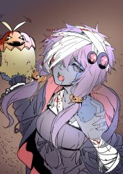 1girl absurdres ajishio antenna_hair bandages bandage_over_one_eye bandaged_arm bandaged_head bandages blonde_hair blood blood_on_arm blood_on_chest blood_in_hair blue_skin colored_skin commentary dress glowing glowing_eyes hair_ornament halloween hands_up highres holding hood hoodie jack-o&#039;-lantern jack-o&#039;-lantern_hair_ornament looking_at_viewer one_eye_covered open_mouth purple_dress purple_eyes purple_hair purple_hoodie ringed_eyes short_hair_with_long_locks tongue tongue_out tsurumaki_maki upper_body voiceroid yuzuki_yukari zombie