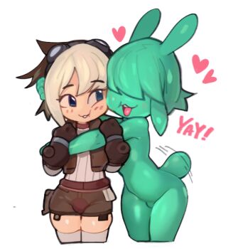 animal_ears blonde_hair blush brown_gloves bulge cheek_squash colored_skin cropped_jacket deformed gloves goggles goggles_on_head green_skin hug monster_boy pilot rabbit_ears rabbit_tail short_shorts shorts simple_background slime_boy smile tail thighhighs toki_(toxxy) toxxy venture_seas white_background white_thighhighs wide_hips