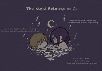 1boy 1girl black_choker caption chainsaw_man chibi choker crescent_moon denji_(chainsaw_man) green_eyes hair_bun highres holding_hands in_water long_bangs looking_at_another moon nazo_no_hito night no_mouth nude rain reze_(chainsaw_man) short_hair sidelocks simple_background single_hair_bun skinny_dipping water yellow_eyes