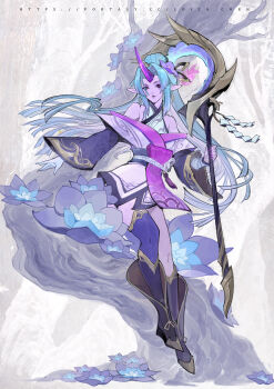 1girl armpit_crease asymmetrical_legwear bare_shoulders blue_hair boots colored_skin commentary detached_sleeves earrings english_commentary fingernails floating flower full_body hair_flower hair_ornament high_ponytail highres holding holding_staff horns japanese_clothes jewelry kimono league_of_legends loiza long_fingernails long_hair long_horns long_sleeves looking_at_viewer mark_under_eye obi official_alternate_costume official_alternate_hair_color parted_lips pink_nails pink_skin pointy_ears ponytail purple_eyes purple_flower purple_horns sash single_horn single_thighhigh solo soraka_(league_of_legends) spirit_blossom_(league_of_legends) spirit_blossom_soraka staff tassel thighhighs tree uneven_legwear very_long_hair watermark web_address white_kimono