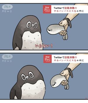 2koma aika_ozone animal animal_focus averting_eyes bird black_mouth comic fish grey_background highres holding holding_animal holding_fish interview news open_mouth original penguin reporter sacabambaspis simple_background subtitled translation_request triangle_mouth