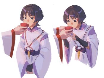 1boy absurdres aina_(mayexplode) armor black_bow black_eyes black_hair black_sash blunt_ends bow clothing_cutout cropped_legs cup disembodied_hand drinking eyeshadow feathers feeding fingernails genshin_impact hands_up head_down highres holding holding_cup japanese_armor japanese_clothes kariginu kimono kote kurokote layered_sleeves leaning_forward looking_at_object looking_at_viewer makeup male_focus multicolored_hair multiple_views own_hands_together pom_pom_(clothes) purple_hair purple_kimono purple_sleeves red_eyeshadow sash scaramouche_(genshin_impact) scaramouche_(kabukimono)_(genshin_impact) sequential shoulder_cutout streaked_hair string white_background white_sleeves wispy_bangs yellow_feathers