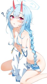 1girl ? absurdres blue_archive blue_hair blue_halo blush braid breasts chise_(blue_archive) commentary detached_sleeves flower hair_censor hair_flower hair_ornament halo highres horns kabocya_na long_hair looking_at_viewer open_mouth red_eyes red_horns simple_background sitting skin-covered_horns small_breasts solo wariza white_background white_sleeves