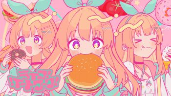 >_< 1girl ben-day_dots bow brown_hair burger commentary_request donut dress food food_on_face green_bow hair_bow hair_ornament highres holding holding_burger holding_food indie_utaite jacket kanohara light_blush long_sleeves nanahira onigiri open_mouth sandwich screentones second-party_source tomato tongue tongue_out video_thumbnail white_dress white_jacket yellow_eyes