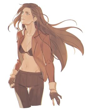 1girl alternate_costume black_bra black_gloves black_pants bra breasts brown_hair brown_jacket cleavage earrings female_focus gloves grey_eyes jacket jewelry jojo_no_kimyou_na_bouken lisa_lisa long_hair looking_afar midriff navel open_clothes open_jacket pants partially_fingerless_gloves pil_tor simple_background solo standing underwear white_background