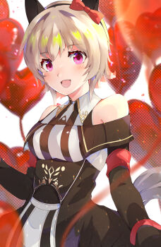 Rule 34 | 1girl, absurdres, animal ears, balloon, bare shoulders, black hairband, blush, bow, breasts, coat, commentary request, curren chan (fille eclair) (umamusume), curren chan (umamusume), dress, ear bow, ear covers, grey hair, hairband, heart balloon, highres, horse ears, horse girl, horse tail, long sleeves, looking at viewer, medium breasts, off-shoulder coat, off-shoulder dress, off-shoulder jacket, off shoulder, open mouth, purple eyes, ra mun5239, red bow, short hair, smile, solo, striped clothes, striped dress, tail, umamusume, vertical-striped clothes, vertical-striped dress