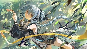 Rule 34 | 1girl, absurdres, bare shoulders, black choker, black jacket, black nails, blue hair, braid, buling (wuthering waves), chinese commentary, choker, closed mouth, commentary request, detached sleeves, dress, headphones, highres, holding, holding ofuda, index finger raised, jacket, long hair, mento, multicolored hair, nail polish, ofuda, orange eyes, side ponytail, smile, solo, streaked hair, white dress, wuthering waves