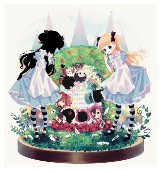 4boys 6+girls absurdres alice_(alice_in_wonderland) alice_(alice_in_wonderland)_(cosplay) alice&#039;s_adventures_in_wonderland animal_ears apron black_bow black_hair black_skin blonde_hair blue_dress blue_eyes blunt_bangs blush bow card cheshire_cat_(alice_in_wonderland) chibi colored_skin cosplay crown dress emilico_(shadows_house) frills full_body grass hair_bow hairband hat highres john_(shadows_house) kate_(shadows_house) kohori long_hair lou_(shadows_house) louise_(shadows_house) mad_hatter_(alice_in_wonderland) mad_hatter_(alice_in_wonderland)_(cosplay) multiple_boys multiple_girls pantyhose patrick_(shadows_house) pocket_watch puffy_sleeves queen_of_hearts_(alice_in_wonderland) queen_of_hearts_(alice_in_wonderland)_(cosplay) rabbit_ears ram_(shadows_house) red_hair ribbon ricky_(shadows_house) shadow_(shadows_house) shadows_house shaun_(shadows_house) shirley_(shadows_house) shoes short_hair short_sleeves smile standing striped_clothes striped_pantyhose thighhighs top_hat two_side_up watch white_apron white_rabbit_(alice_in_wonderland) white_rabbit_(alice_in_wonderland)_(cosplay)