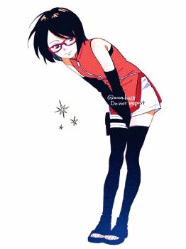 1girl alternate_hair_length alternate_hairstyle bent_over between_legs black_eyes black_hair black_thighhighs boruto:_naruto_next_generations commentary_request detached_sleeves full_body glasses hand_between_legs highres medium_hair naruto_(series) onka_(aun_ka28) open-toe_shoes pouch red-framed_eyewear short_hair short_shorts shorts solo thigh_pouch thighhighs twitter_username uchiha_sarada watermark white_shorts
