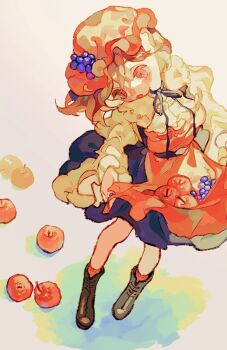 1girl aki_minoriko apple apron black_boots boots commentary_request food fruit full_body grapes hat head_tilt highres long_sleeves mob_cap open_mouth orange_apron orange_eyes orange_hat purple_skirt shinjitsu_no_kuchi shirt short_hair skirt skirt_basket solo touhou white_background yellow_shirt
