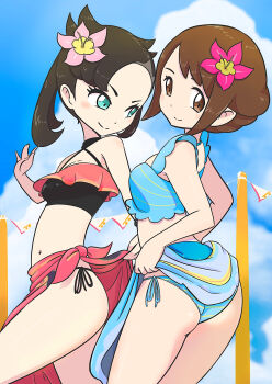 2girls aqua_bikini aqua_eyes arm_at_side armpits arms_at_sides ass asymmetrical_bangs beach bikini black_hair braid braided_bun breasts brown_eyes brown_hair clenched_hands clothes_lift collarbone eyelashes female_focus flag_pole flower flower_on_head bad_tag from_side gloria_(pokemon) gloria_(summer_2021)_(pokemon) hair_bun hair_ornament halterneck hand_up happy highres legs legs_together light_blush loli long_hair looking_at_another looking_at_viewer looking_back marnie_(pokemon) marnie_(summer_2021)_(pokemon) matching_hair/eyes medium_hair microsd_(pibo) midriff multicolored_bikini multiple_girls multiple_views navel neck nintendo official_alternate_costume official_alternate_hairstyle outdoors pink_bikini pokemon pokemon_masters_ex sarong sarong_lift side-tie_bikini_bottom sidelocks sky small_breasts smile standing summer swept_bangs swimsuit thighs turnaround turning_head twintails two-tone_bikini undercut