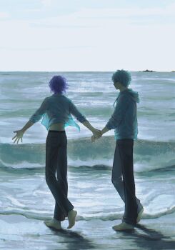 2boys barefoot beach black_pants blue_lock hand_grip highres holding_hand_grip holding_hands hood hoodie juya15976333 mikage_reo multiple_boys nagi_seishirou pants purple_hair shirt walking waves white_hair white_hoodie white_shirt yaoi