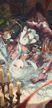 Rule 34 | 1girl, absurdres, alcohol, arknights, asymmetrical gloves, bang dream!, bang dream! it's mygo!!!!!, black dress, black gloves, black thighhighs, candle, commentary, cup, dress, drinking glass, fingerless gloves, gloves, green hair, hair ornament, highres, holding, holding stuffed toy, indoors, knees up, lolita fashion, long hair, looking at viewer, lying, mismatched gloves, on back, parted lips, partially fingerless gloves, plate, red wine, shin oooooo, single fingerless glove, stuffed animal, stuffed toy, untranslatable commentary, teacup, thighhighs, upside-down, wakaba mutsumi, wakaba mutsumi (marionette's id), wine, wine glass, x hair ornament, yellow eyes