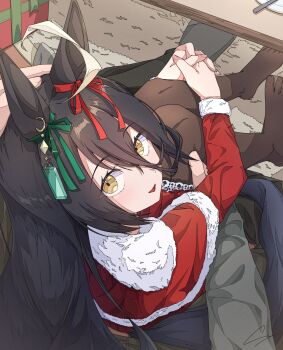 1boy 1girl animal_ears black_hair black_pants black_pantyhose black_socks capelet carpet christmas_present ci4 commentary_request dress gift green_ribbon grey_sweater hair_between_eyes hand_on_another's_head highres holding_another's_thighs horse_ears horse_girl looking_at_viewer looking_back manhattan_cafe_(umamusume) pants pantyhose pov red_capelet red_dress red_ribbon ribbon santa_costume sidelocks smile socks sweater table umamusume yellow_eyes