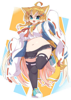 Rule 34 | 1girl, ahoge, animal ear fluff, animal ears, aqua eyes, black skirt, black thighhighs, blue sailor collar, blue shoes, bow, bowtie, breasts, cropped shirt, dog ears, dog girl, dog tail, fang, foot up heel up, full body, groin, hair between eyes, hair ornament, hairclip, haru (toramaru2001710), highres, jacket, jacket partially removed, large breasts, light blush, long hair, looking at viewer, miniskirt, multicolored hair, navel, open clothes, open jacket, open mouth, orange hair, original, pleated skirt, red bow, red bowtie, red ribbon, ribbon, ribbon-trimmed sleeves, ribbon-trimmed thighhighs, ribbon trim, sailor collar, shirt, shoes, side slit, sidelocks, skin fang, skindentation, skirt, sleeveless, sleeveless shirt, sleeves past fingers, sleeves past wrists, smile, sneakers, solo, standing, standing on one leg, stomach, tail, thighhighs, toramaru2001710, two-tone hair, very long hair, white hair, white jacket, white ribbon, white shirt, wide sleeves, x hair ornament, zettai ryouiki