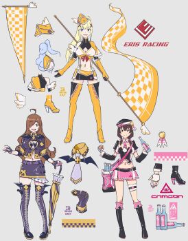 Rule 34 | 3girls, absurdres, ahoge, bag, blonde hair, blue eyes, blush, boots, braid, breasts, brown eyes, brown hair, checkered flag, cleavage, darkness (konosuba), david hrusa, flag, full body, gloves, hair ornament, hair over one eye, highres, holding, holding flag, kono subarashii sekai ni shukufuku wo!, large breasts, long hair, messenger bag, multiple girls, ponytail, race flag, race queen, red eyes, reference sheet, shoulder bag, skirt, thighhighs, umbrella, wiz (konosuba), yunyun (konosuba)