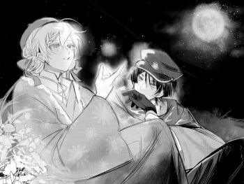 Rule 34 | 1boy, 1girl, ahoge, alternate costume, artist request, beret, blunt ends, bow, braid, braided bangs, bud, choppy bangs, commission, earrings, eyelashes, floral print sleeves, flower, genshin impact, gloves, grass, greyscale, hair between eyes, hair bow, hair flower, hair ornament, hakama, hand up, haori, hat, highres, japanese clothes, jewelry, layered sleeves, leaf, long sleeves, looking at another, looking up, monochrome, night, oc x canon, open mouth, peaked cap, plant, scaramouche (genshin impact), second-party source, shirt, short hair, sky, star (sky), starry sky, tsurime